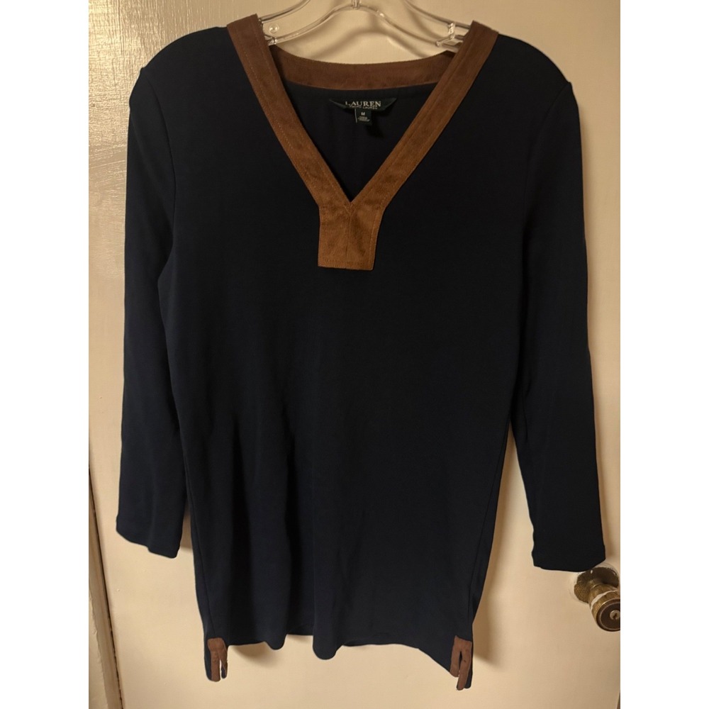 Lauren Ralph Lauren Tunic Top Blouse Womens‎ Large Suede Trim Neck Black - L